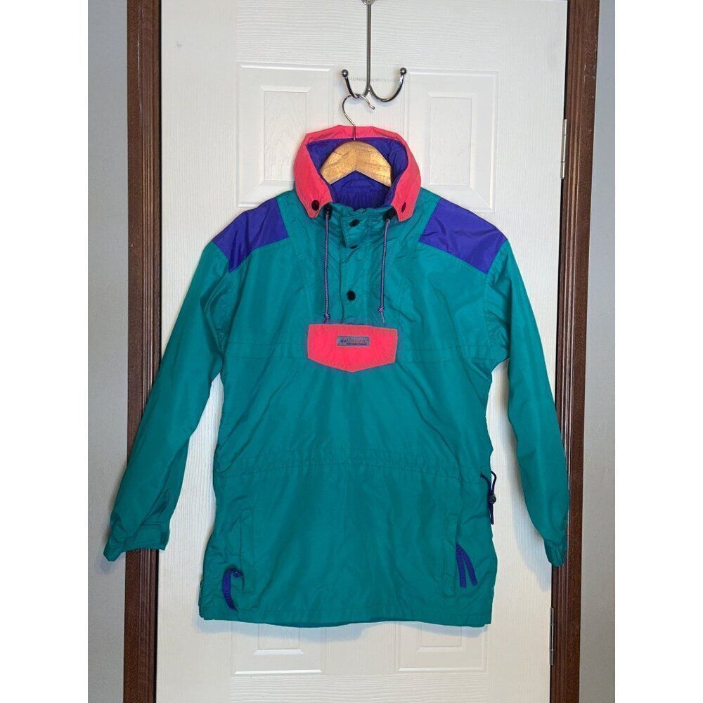 Columbia Vintage 90s 1/4 Zip Hooded Jacket Pullover Teal. Purple, Pink Sz Y Med‎